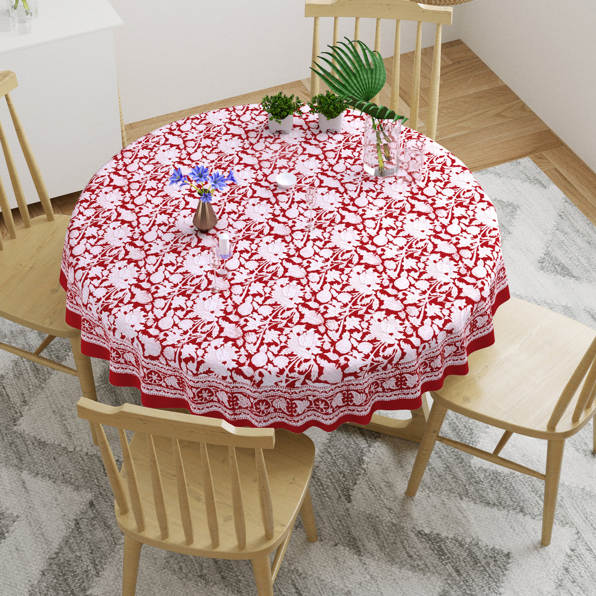 Cotton Hand Block Printed 180cm Round Table Cloth Red Gad – Blocks Of India