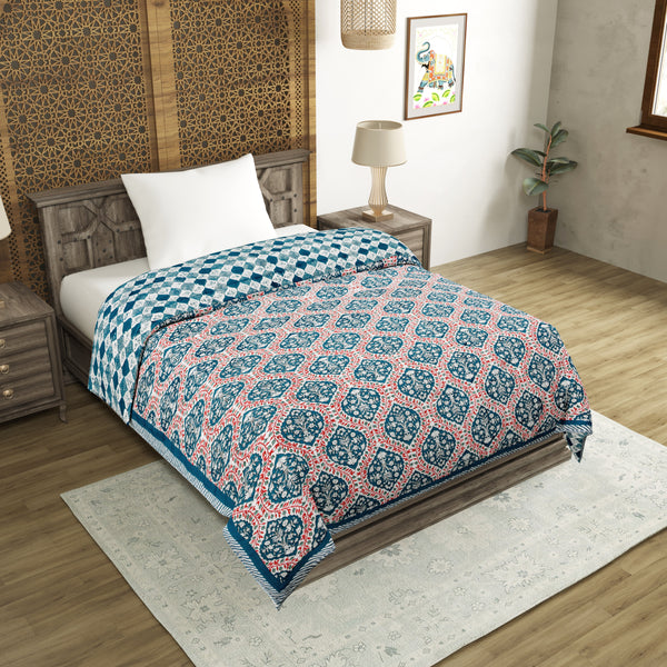 Cotton Single Size Quilt Hand Block Print for Light Winters (60x90 Inches) Rajai Razai