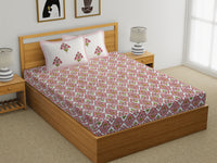 King Size Pure Cotton Hand Block Print Bedsheet (Peach Floral)